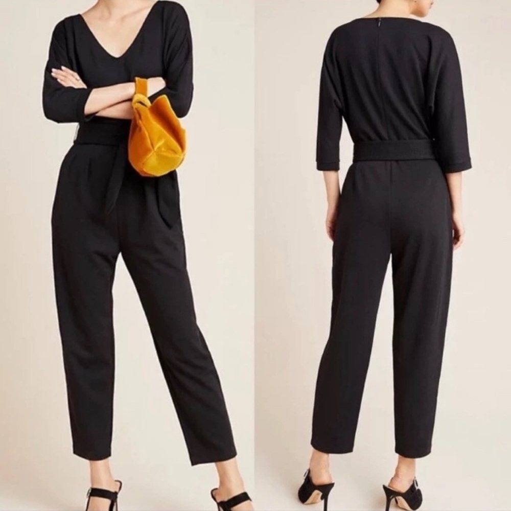 Anthropologie Jumpsuit Womens Size XS Black Sutton Ponte Belted Pockets V Neck